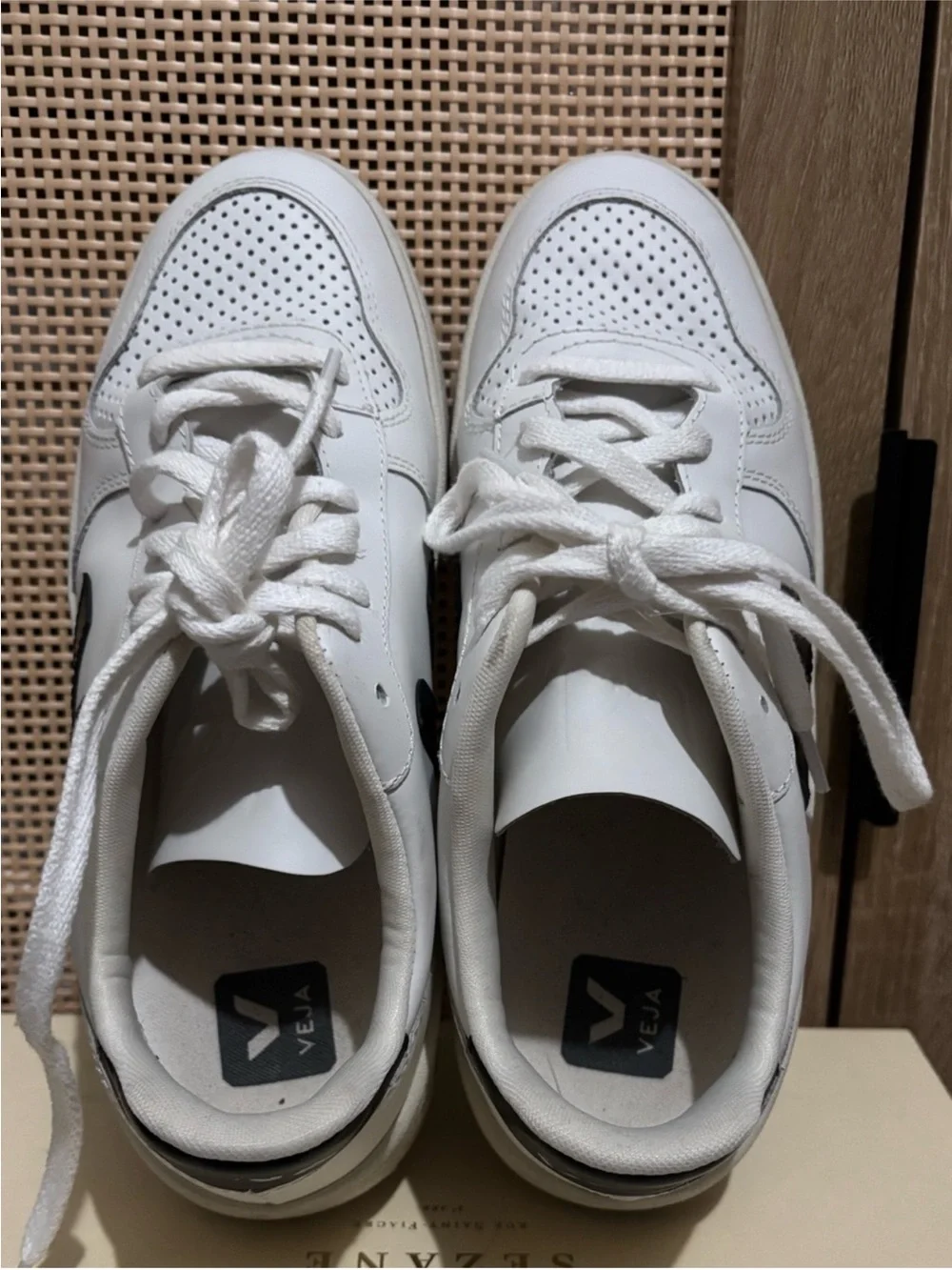 Veja V-10 Leather Sneakers — White with Black V